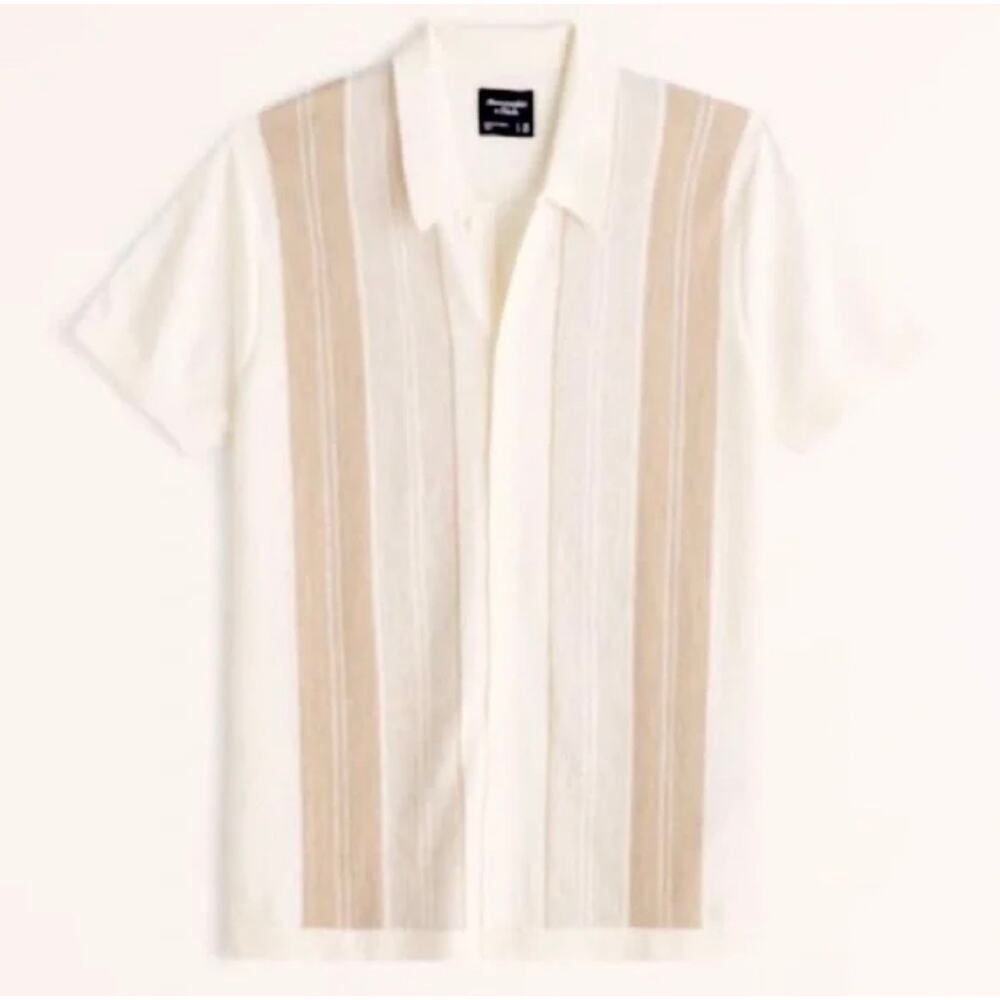 Abercrombie Fitch White Beige Tan Stripe Button Up Knit Polo Collared Shirt XXL